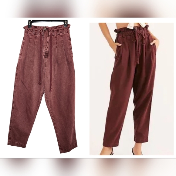 Free People Maroon Paperbag stretch waist tapered pants. Size small. Button fly - Picture 1 of 16